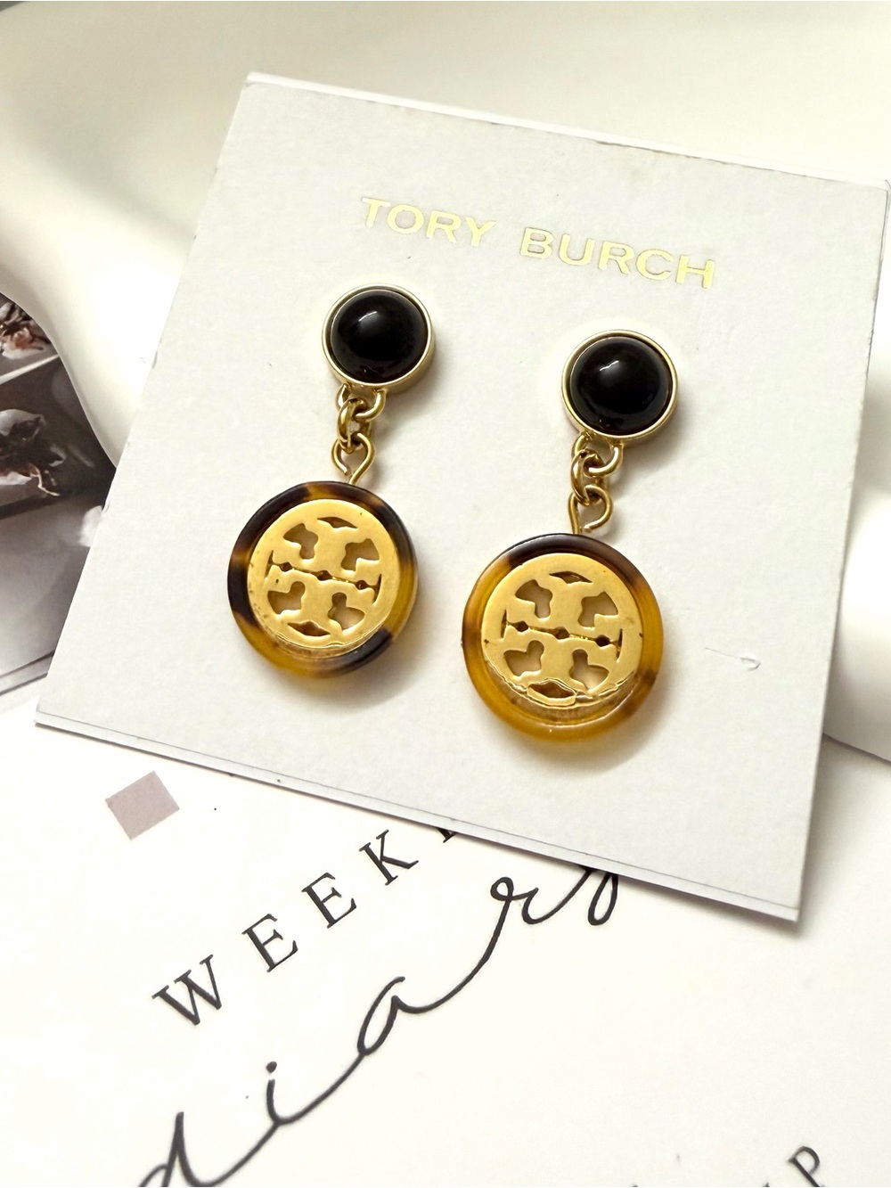 Tory Burch Gold-Tone Logo Drop Earrings with Amber and Black Accents